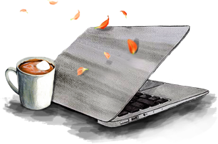 Coffee and laptop with falling petals