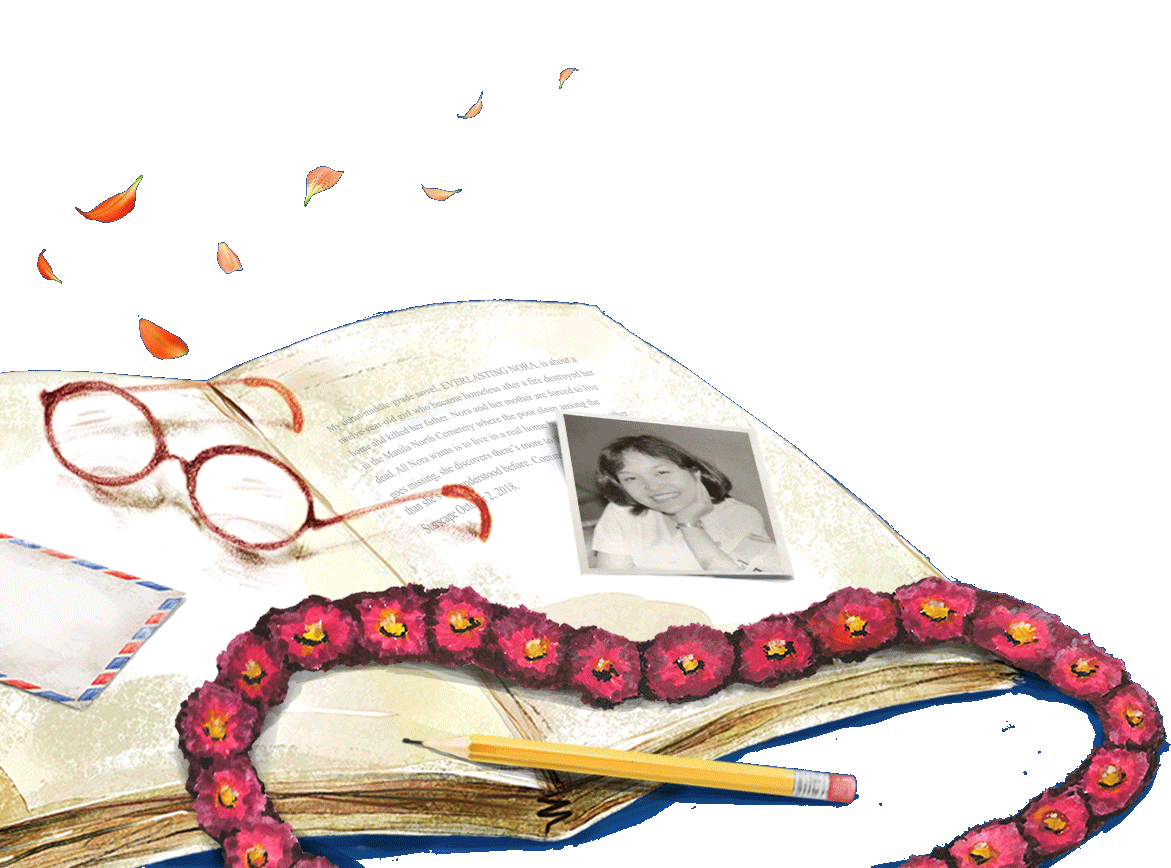 Opened book, glasses, envelope, pencil, Marie's photo, and a garland of everlasting flowers